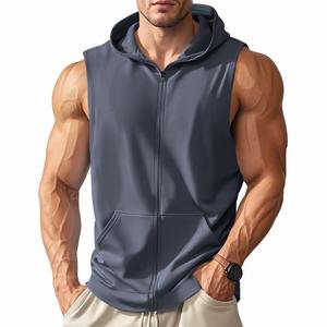 Camiseta sin mangas con logotipo personalizado, Camiseta deportiva con capucha de poliéster transpirable de talla estadounidense para entrenamiento físico, ropa de gimnasio, sin mangas con cremallera - Product Image 5
