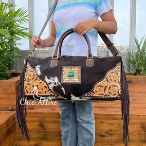 กระเป๋าหนังวัวแท้แฟชั่นวินเทจกระเป๋าถือดัฟเฟิลกระเป๋าเดินทางธุรกิจลายหินเทอร์ควอยซ์สำหรับเป็นของขวัญ - Product Image 1