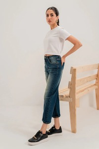 Jeans taille haute à jambes larges pour femmes hiver décontracté respirant Denim pantalon plat avant Style - Product Image 4