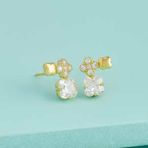 Floral Diamond Stud <b>Earrings</b> for Engagement Wedding Parties-Rhodium Plated & <b>Cute</b> Design - Product Image 1