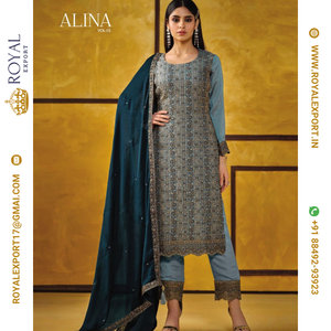 ชุดปากีสถานแบบใหม่ของอลีนา พร้อมงานปักลายหนักและผ้าคลุมไหล่ปักลาย - Product Image 5