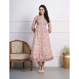 Vestido largo de algodón gris con estampado de bloques color crema, estilo casual hippie con cuello mandarín, transpirable, tallas XL a 5XL - Product Image 1