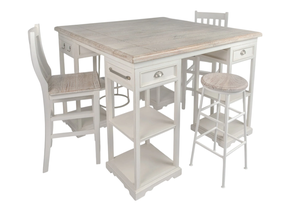 Table à manger avec comptoir, dessus en bois blanc délavé et base antique blanche, étagères et tiroirs en bois massif d'acacia et de manguier - Product Image 4