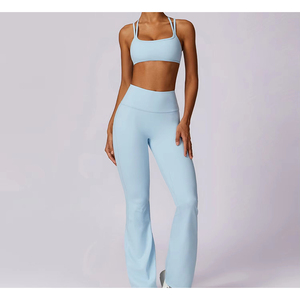 Conjunto de Yoga femenino de 2 piezas de buena calidad, Sujetador deportivo de patrón sólido y mallas con logotipo frontal, transpirable ecológico para mujer - Product Image 5