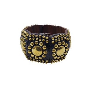 Chunky Geometric <b>Elastic</b> Wood <b>Bracelet</b> Hand-Carved Wooden Bangle with Brass and Steel Studs, Boho Tribal Style Fashion Jewelry - Product Image 3
