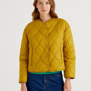 Veste matelassée en polyester 100% imperméable écologique de couleur jaune unie, fermeture éclair, bomber unisexe, vêtements de sport de printemps, yoga - Product Image 1