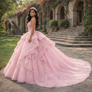 Impresionante Vestido de Quinceañera Rosa sin Tirantes con Corsé, Apliques de Cuentas, Cintura Natural y Cola Capilla Estampada - Modelo 8519 - Product Image 1