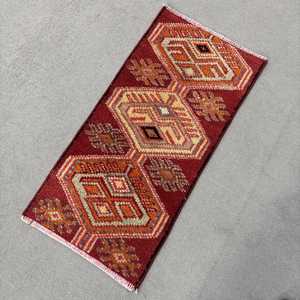 Vintage Turkish Rug 1.3x2.8 ft, <b>Red</b> Small Floral <b>Wool</b> Rug - Product Image 2