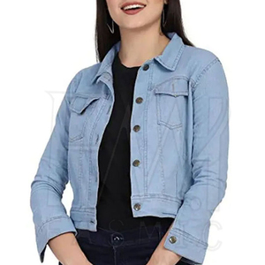 Chaqueta vaquera de algodón suave y cómoda de calidad para mujer, tamaño acolchado con solapa en el pecho, bolsillo de parche, logotipo personalizado con OEM - Product Image 4