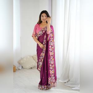 Sari Indio Elegante para Fiesta, Listo para Usar, con Trabajo de Zari Pesado, Seda Nupcial, el Más Vendido al por Mayor - Product Image 5