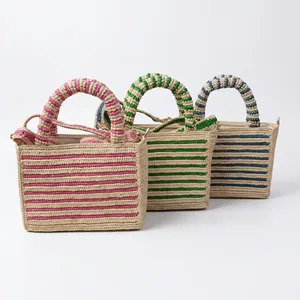 Woven <b>Raffia</b> Summer <b>Shoulder</b> <b>Bag</b> with Zip Closure Rope Handles Color Block Casual Tote for Daily Use - Product Image 6