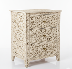 Mesita de Noche de Madera Maciza de Alta Calidad y Duradera, con Incrustaciones de Hueso Artesanales, Diseño Floral de Estilo Fantasía - Product Image 1