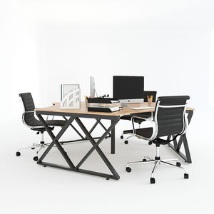 SFXC008-3-Seater Contemporary Corner 120-Degree Wood Rubberwood <b>Table</b> with X-Shaped Iron Legs - Product Image 4
