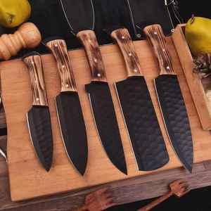 High Quality <b>Steel</b> Kitchen Knife Set Custom Handmade Black Powder <b>Coated</b> <b>Steel</b> Fixed Blade Kitchen Chef Leather Cover Sheath Bag - Product Image 2