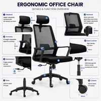 Chaise de bureau pivotante noire moderne avec appui-tête réglable, design ergonomique en maille pour le personnel