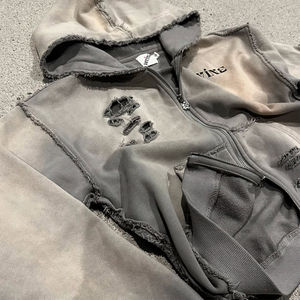 OEM Nouveau Élégant Acid Washed Vintage Distressed Rhinestones Cuff 2 Zip Up Hoodie Men Stone Washed Crop Hoodie - Product Image 5