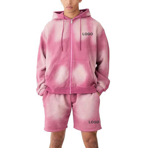 Men's Winter Casual Custom Embroidery Logo 100% Cotton Fleece Breathable Shorts Set Sun Faded Men Drop Shoulder <b>Zip</b>-<b>Up</b> <b>Hoodie</b> - Product Image 1