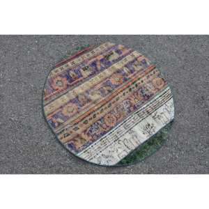 Tapis Turc Authentique Bleu Beige 3.2 X 3.1ft Fait à la Main Tissage Plat Jacquard Technique Laine Fourrure Patchwork pour Couloir Rectangle - Product Image 4