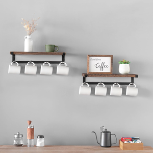 Étagère murale suspendue en bois avec dessus en métal, support de tasse à thé, support de stockage décoratif mural à bas prix - Product Image 1