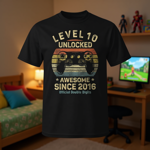 T-shirt da gaming ufficiale per il 10° compleanno, a due cifre, con il messaggio 'Level 10 Sbloccato', promozionale - Product Image 3