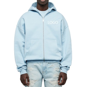 เสื้อฮู้ดดี้สีฟ้าอ่อนแบบซิปเต็มตัว ผ้าฝ้ายฟลีซ ทรงโอเวอร์ไซส์ สตรีทแวร์ ไหล่ตก พิมพ์โลโก้ตามสั่ง เสื้อฮู้ดดี้เนื้อหนา พิมพ์ลายนูน 3 มิติ - Product Image 1