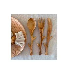 Juego de cubiertos de madera natural para ensalada con mango de diseño ramificado de ramita plana de dos tonos para cocina o regreso a la escuela - Product Image 1