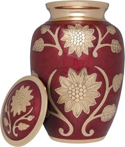 Urne funéraire à fleurs rouges et dorées pour cendres humaines en laiton adaptée à l'enterrement de cimetière ou à la niche Rose Lisette taille personnalisée - Product Image 4