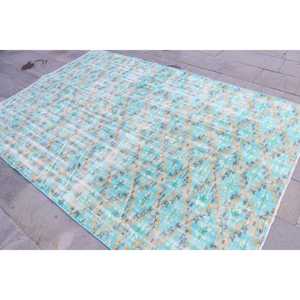 Alfombra de 5.7x8.3 pies, Alfombra Turca Vintage, Alfombra de Lana a Cuadros Azul y Amarillo - Product Image 2