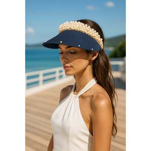 <b>Navy</b> Blue Pearl Detailed Stylish Straw Visor Hat Oval Design Summer <b>Accessory</b> HSR2086 - laci2086 - Product Image 1