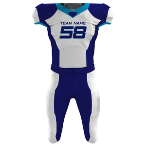 Customizable College American <b>Football</b> Wear <b>White</b> Blue Team Design Printed Sublimation Pattern Logo on OEM Jersey Plus Size Set - Product Image 4