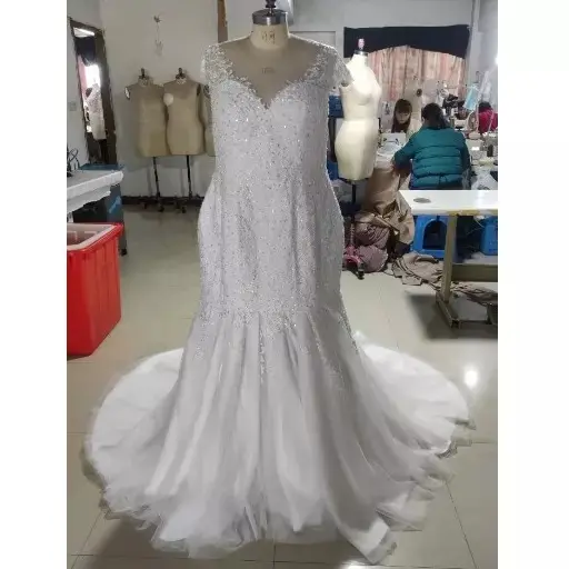 Custom Made V Neck Beaded Lace Applique Mermaid Plus Size Bridal Wedding Dresses Fish Tail