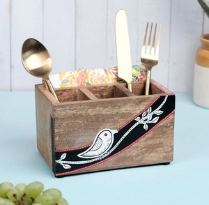 Chiraiya Black Bird Mango Wood Cutlery <b>Holder</b> Sheesham & Mango Wood Wooden <b>Utensil</b> Caddy Countertop Cutlery <b>Holder</b> - Product Image 2