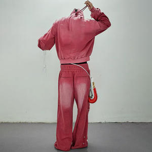 Survêtement personnalisé pour homme, mode, poids lourd, 100% coton, vintage, lavé, sweat-shirt à fermeture éclair intégrale, pantalon de survêtement ample - Product Image 4