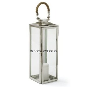 Silver Shiny Polished Stainless Steel And Clear <b>Glass</b> Made Attractive Look <b>Candle</b> <b>Holder</b> Lantern With Rope Designer Handle - Product Image 1
