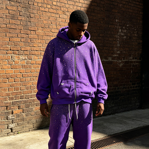 Men <b>Purple</b> Dot Print Acid Wash Polyester/Cotton Hooded Zipper Tracksuit Sweatshirt Pants Set Streetwear Loose Fit Full Sleeve - Product Image 1