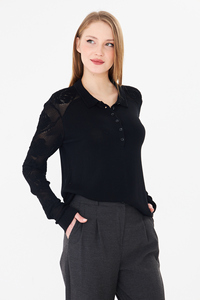 Blouse élégante en tricot à col polo pour femme - Motif rose, dentelle, manches longues, blanc, chic, tricot - Product Image 2