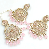 Ensemble de boucles d'oreilles et de mangtiika traditionnelles indiennes en or plaqué zircon pour femmes et filles, style Mehndi