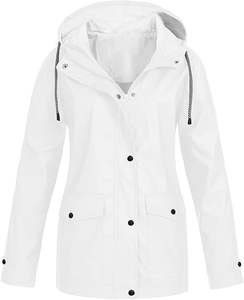 Gabardina de longitud media con capucha para mujer de bajo precio, chaqueta de lluvia de rayas sólidas para mujer, impermeable con capucha para exteriores, a prueba de viento - Product Image 1