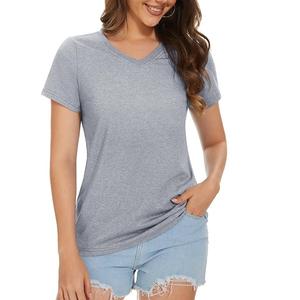 Camiseta promocional de talla grande con cuello en V de manga corta de color gris sólido de 100% algodón con diseño OEM hecho a medida para mujer de Bangladesh - Product Image 4