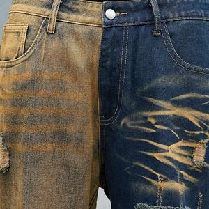 Tie Dye Style Casual Embroidered Splice Color Front Pocket Slim Fit Summer Coated Mid Waist <b>Flare</b> Leg Zipper <b>Jeans</b> Pants <b>Men's</b> - Product Image 4