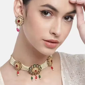 Unique Designer Handmade Ethnic Alloy Gold Plated <b>Set</b> for <b>Girls</b> Women Includes Necklace Earrings Ring for Wedding Anniversary - Product Image 1
