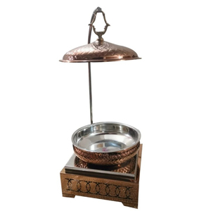 Calentador de Comida Tipo Buffet de Lujo, Redondo, de Cobre y Acero Inoxidable con Soporte, Acabado Martillado Elegante, para Hoteles y Eventos - Product Image 1