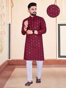 Kurta de algodón puro para hombre multicolor de desgaste indio-pakistaní con espejo bordado trabajo con parte inferior - Product Image 4