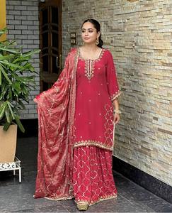 Pakistan Designer Fully Readymade 3 <b>Pc</b> Kurta Sharara <b>Set</b> Embroidered Salwar Kameez for Party Wear Traditional Style Pitch Color - Product Image 1