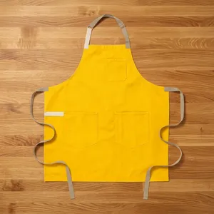 Yellow Canvas Heavy Duty Reusable Bib <b>Apron</b> with Three Pockets Machine Washable <b>for</b> <b>Cooking</b> Daily Use - Product Image 1