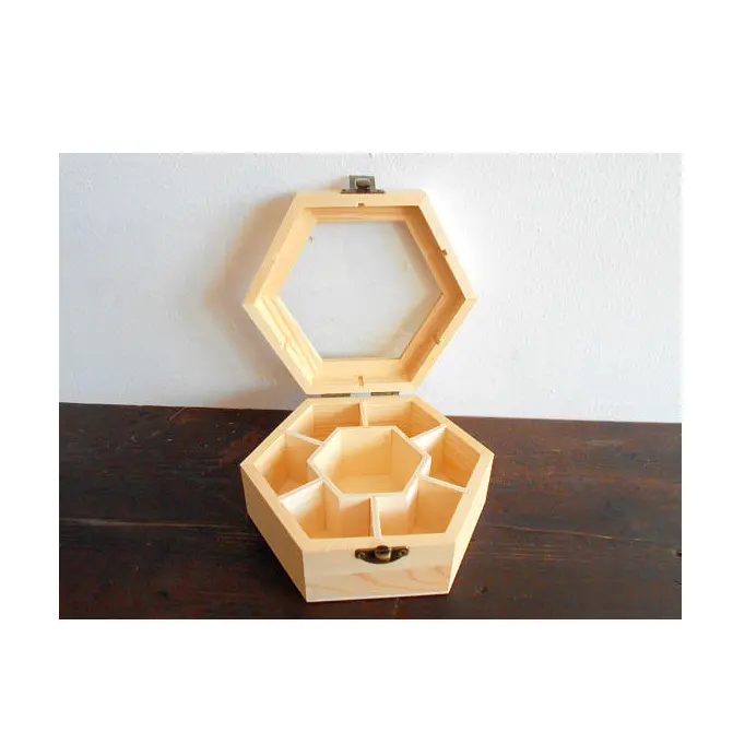 육각 모양 나무 상자 Masala Dabba 컨테이너/자연 색으로 건조 소형 인도 수공예품