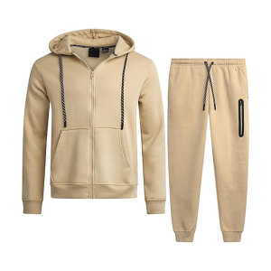Survêtement à capuche en jersey 100% coton marron clair pour hommes, design respirant, avec logo sur le devant, pour l'entraînement sportif d'hiver. - Product Image 1