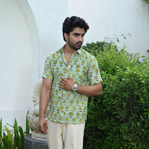 เสื้อเชิ้ตผู้ชายขายส่ง ผ้าฝ้าย 100% งานแฮนด์เมด แขนยาว ลายบล็อกพิมพ์ สไตล์ชาติพันธุ์ ลำลอง โบฮีเมียน ระบายอากาศได้ดี เป็นมิตรกับสิ่งแวดล้อม - Product Image 1