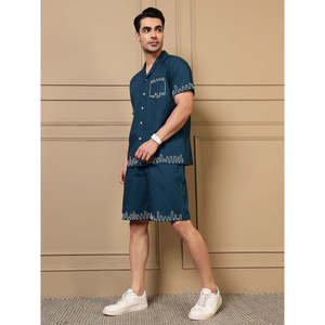 Amanush <b>Men's</b> Teal Blue Solid Cotton Co-ord Set Notched Collar Shirt Embroidered Shorts Lace Details Breathable Casual Summer - Product Image 3