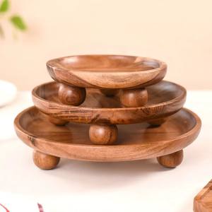 Plateau de service rond en bois Lot de 3 plateaux à fruits à pieds Plateaux de service en bois décoratifs pour apéritifs Fruits et desserts - Product Image 2